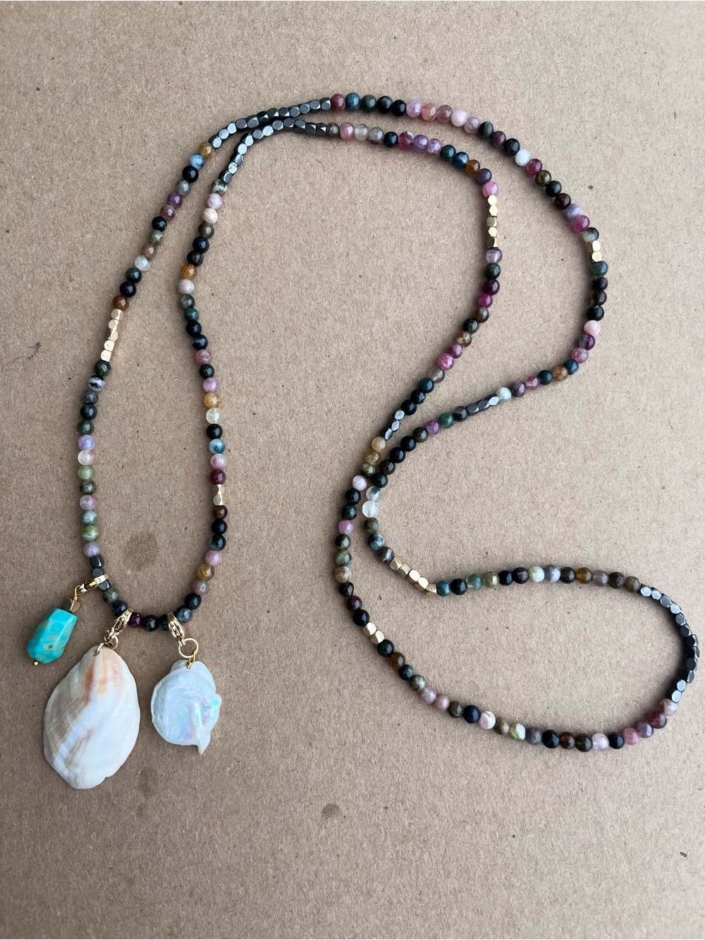 Multi-Color Beaded  long Necklace with Shell Turquoise and Pearl Charms